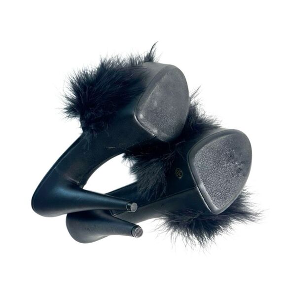 CURRENT MOOD Black Maribou Feather Platform Slide Heels 38 Sinful Money Hunny - Picture 9 of 11